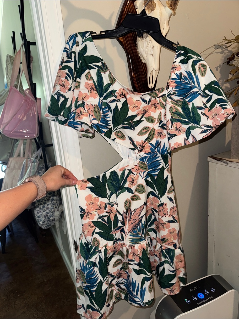 SHEIN White Mini Dress with Pink Floral & Green Leaf Print